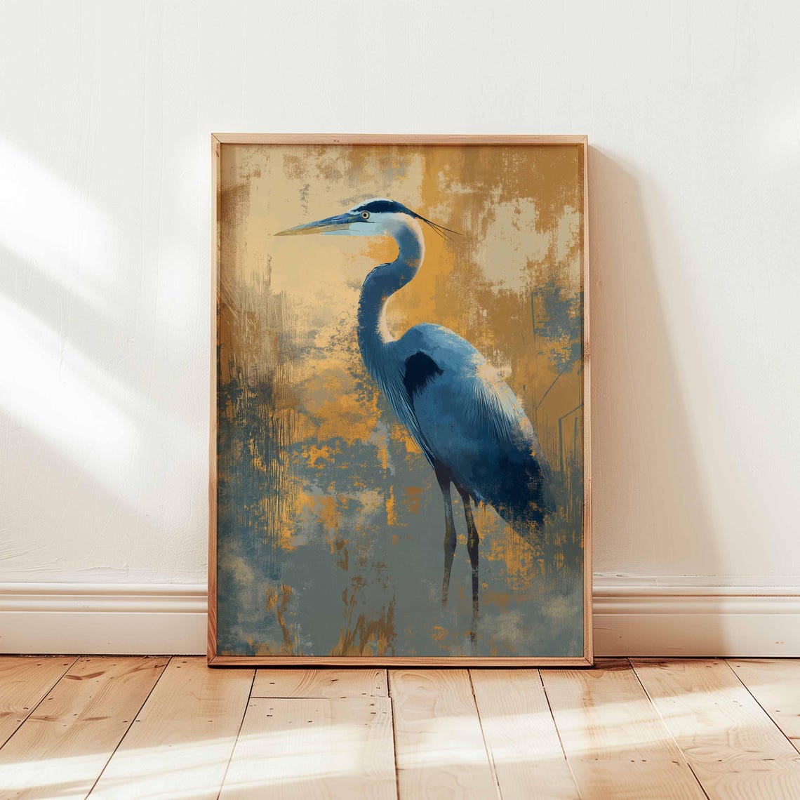 Blue Heron Modern Abstract Gold Textured Wildlife Bird Poster