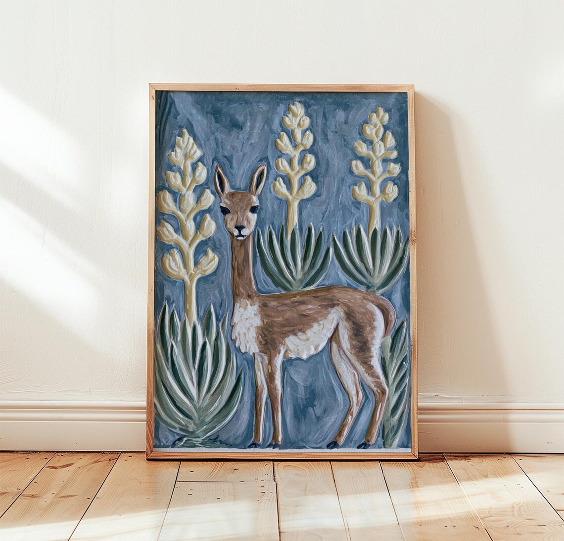 Blue Vicua Botanical Wildlife Art Print
