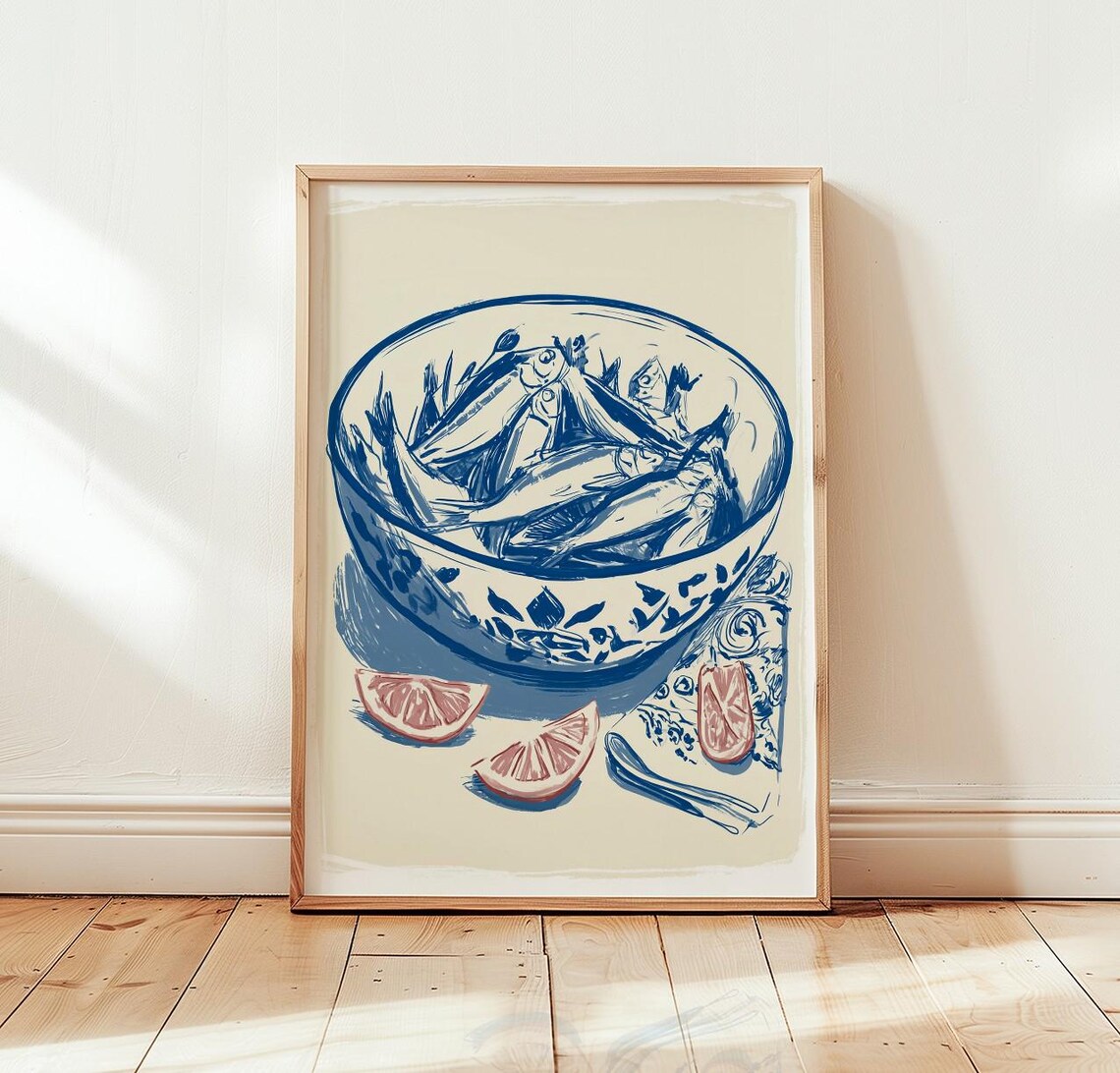 Sardines In Bowl Art Print, Blue Kitchen Decor