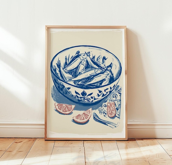 Sardines In Bowl Art Print, Blue Kitchen Decor