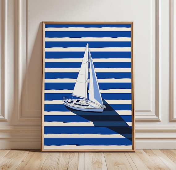 Sailboat Poster Blue Striped Sea Minimal Graphic Coastal Ocean Art