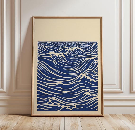 Japanese Wave Poster Woodblock Style Coastal Wall Art Print Minimalist Ocean Landscape Decor Blue Line Seascape Illustration
