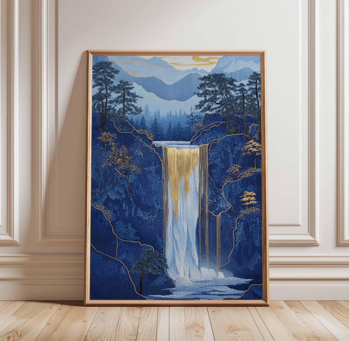 Mountain Waterfall Poster Blue Art Nature Landscape Print Tranquil Scenic Wall Decor