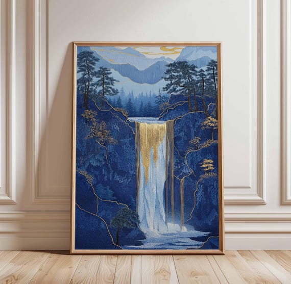 Mountain Waterfall Poster Blue Art Nature Landscape Print Tranquil Scenic Wall Decor