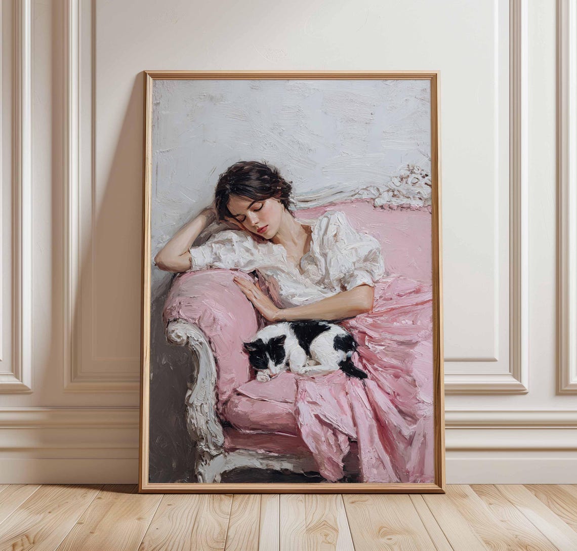 Romantic Woman With Cat Impressionist Painting Pink Chaise Poster