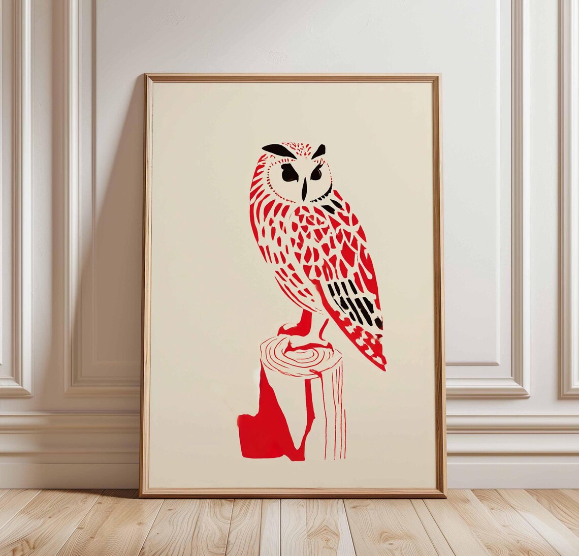 Red Owl Perched on Tree Stump Bold Minimalist Linocut Wildlife Poster