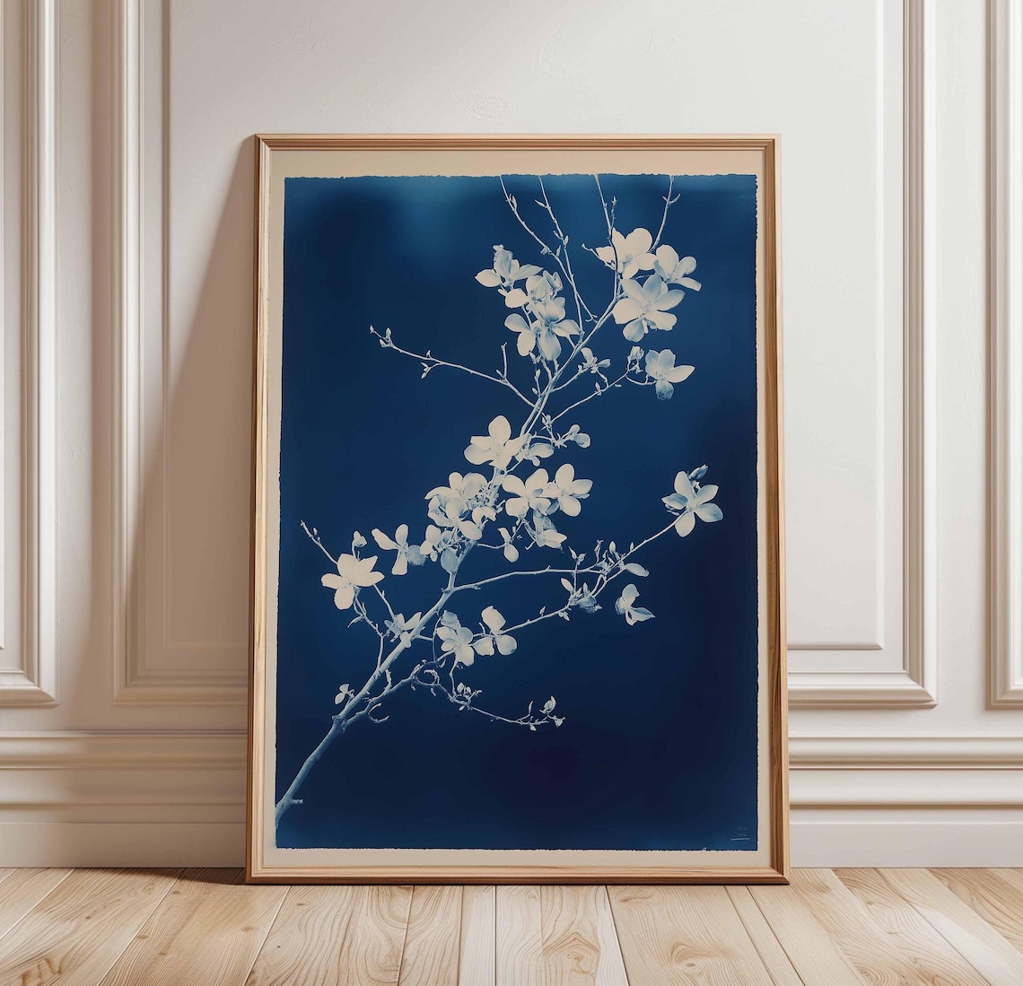 White Floral Branch Cyanotype Poster Deep Blue Botanical Nature Art
