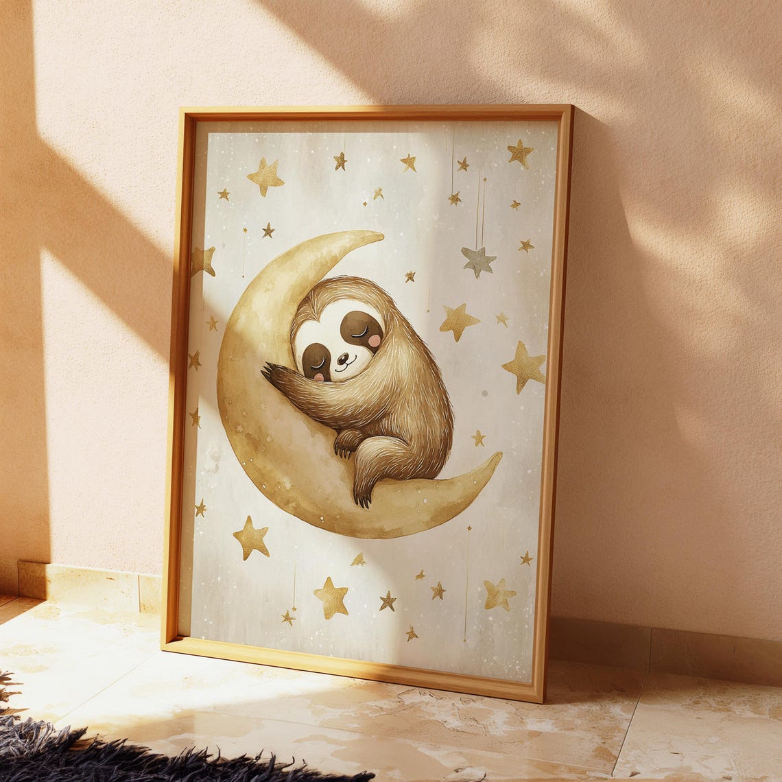 Sleeping Sloth Moon Nursery Poster Starry Night Baby Room Wall Decor