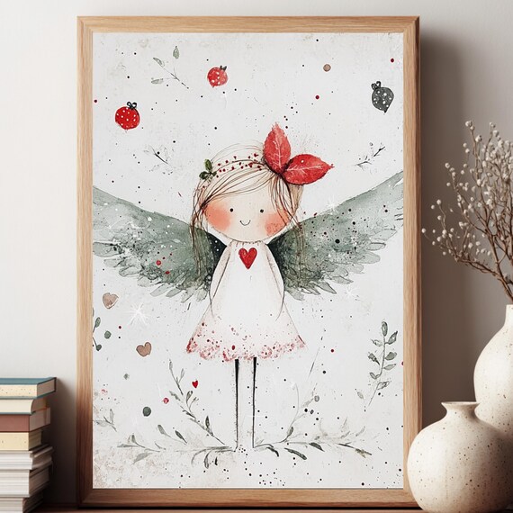 Sweet Angel Girl With Red Bow Watercolor Nursery Angel Poster