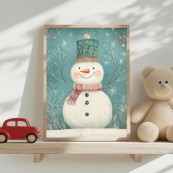 Cheerful Snowman With Green Hat Winter Wonderland Kids Room Poster