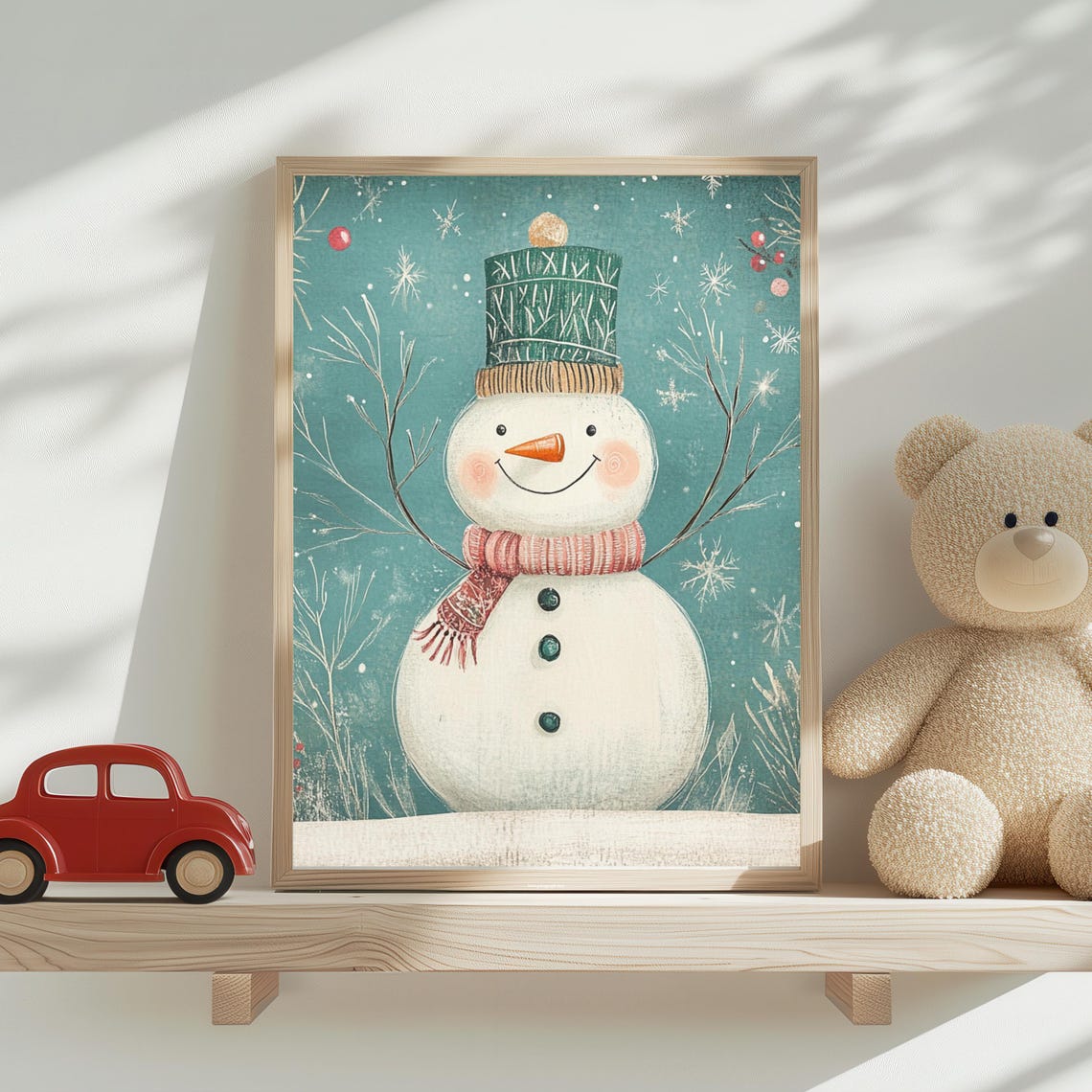 Cheerful Snowman With Green Hat Winter Wonderland Kids Room Poster