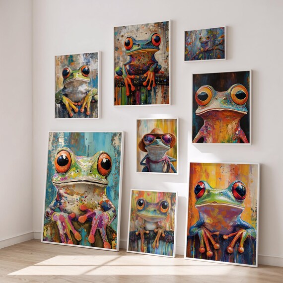 Colorful Frog Gallery Wall Set Quirky Amphibian Canvas Art Poster