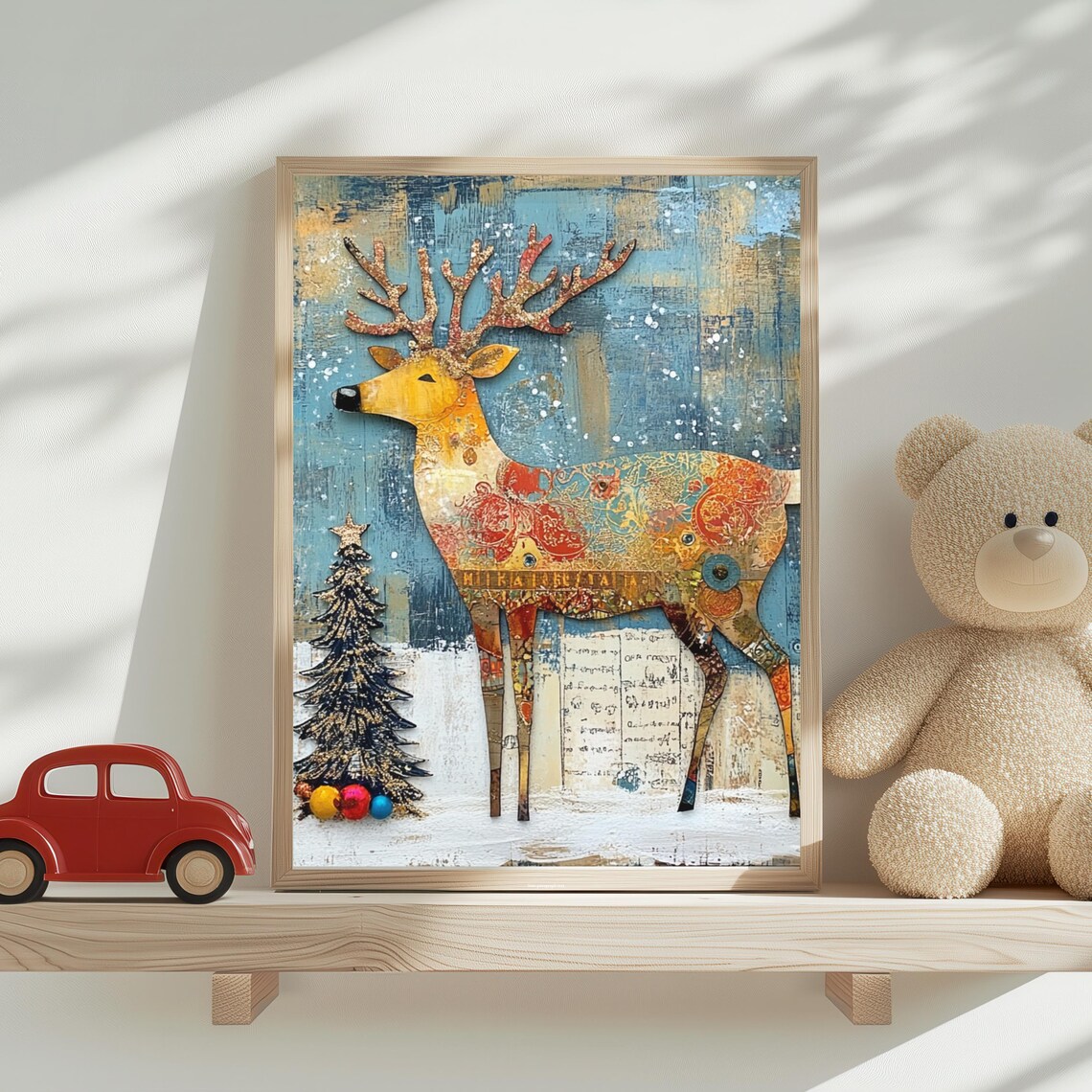 Mixed Media Collage Reindeer With Christmas Tree in Snowy Blue Scene Poster