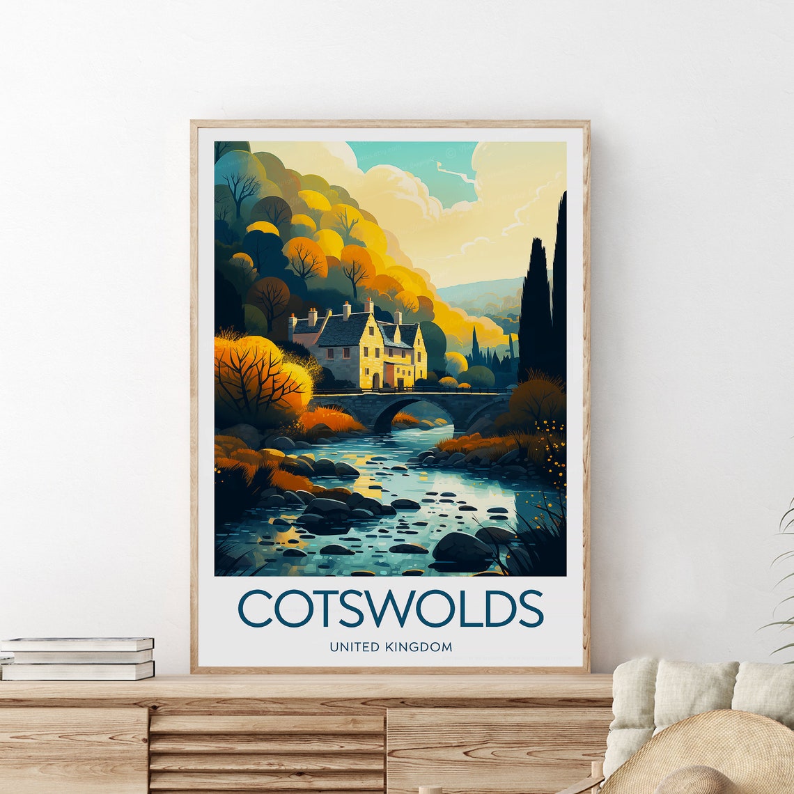 Cotswolds England Autumn Stone Cottage River Bridge Travel Poster - Image 2