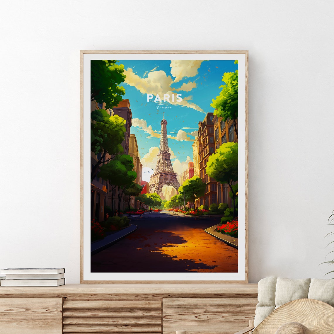 Paris Eiffel Tower Sunlit Tree Lined Street Scene Travel Poster - Image 2