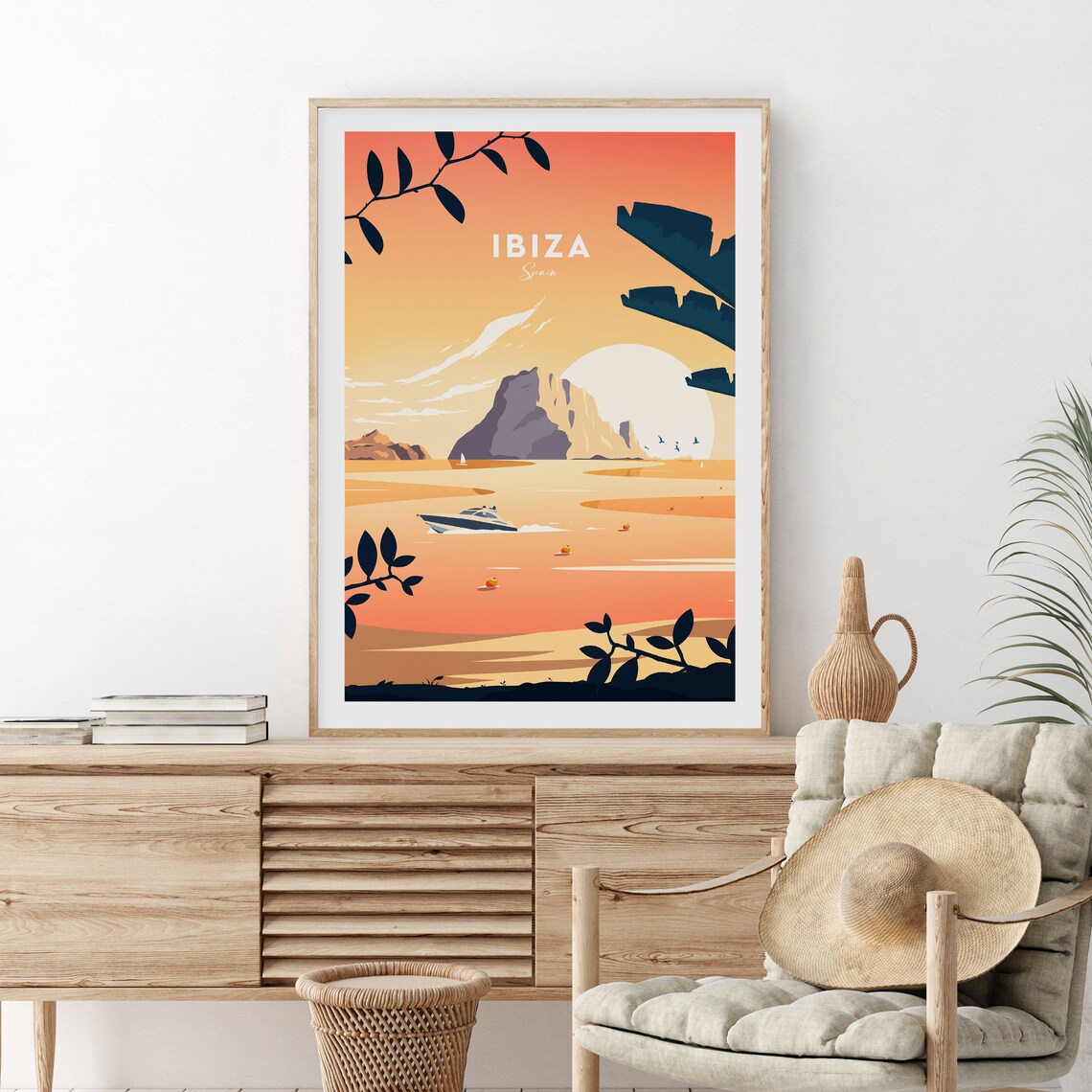 Ibiza Spain Sunset Over The Sea With Boat And Rocky Island Poster - Image 2