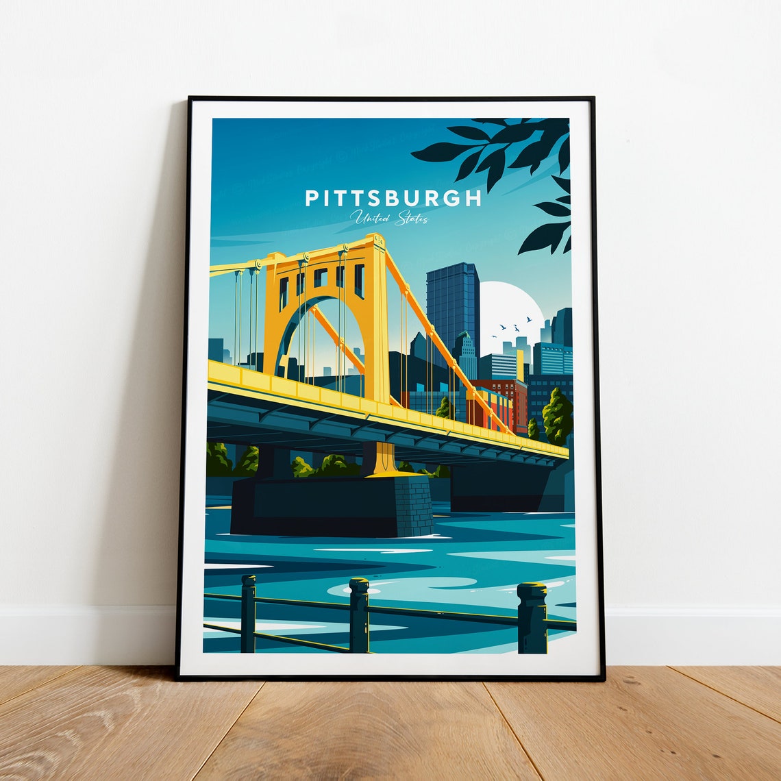 Pittsburgh Yellow Bridge Riverfront Skyline Vintage Travel Poster