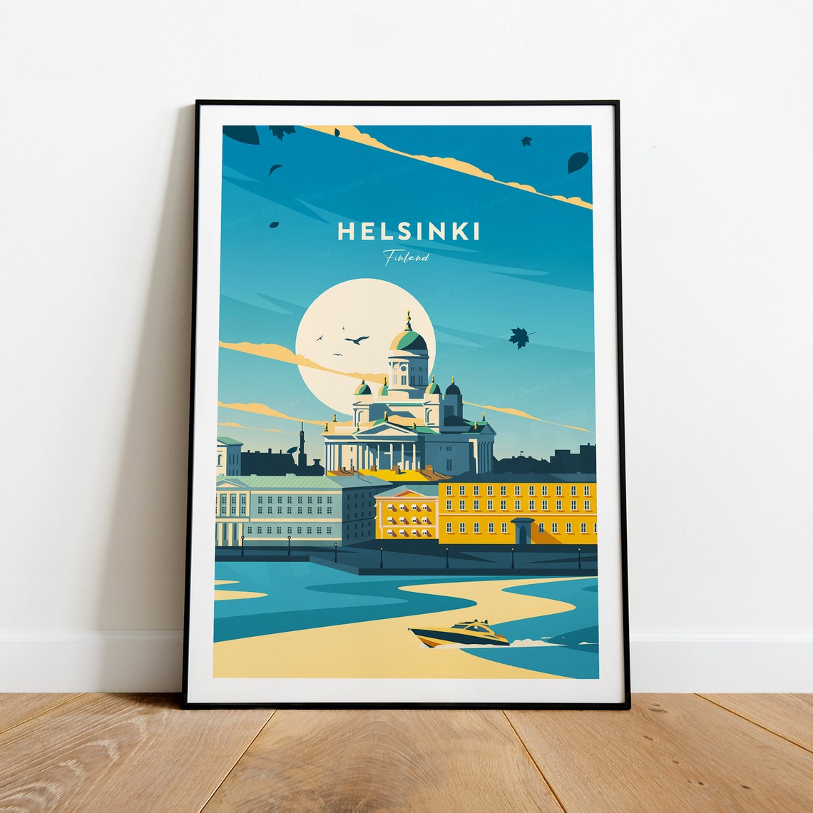 Helsinki Finland White Cathedral Sunset Harbour Travel Poster