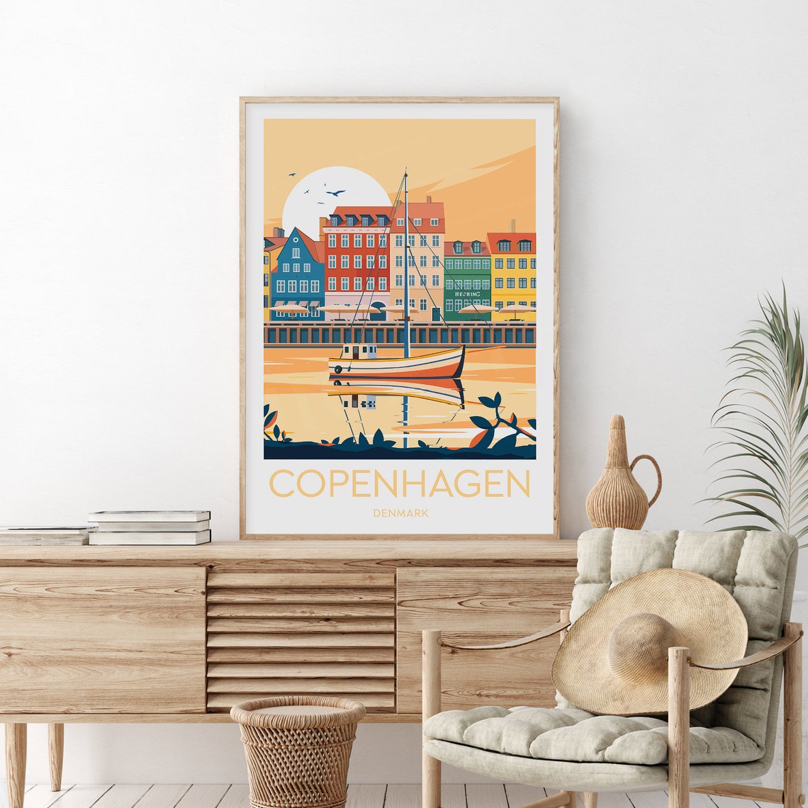 Copenhagen Denmark Nyhavn Waterfront Sunset Sailboat Scene Poster