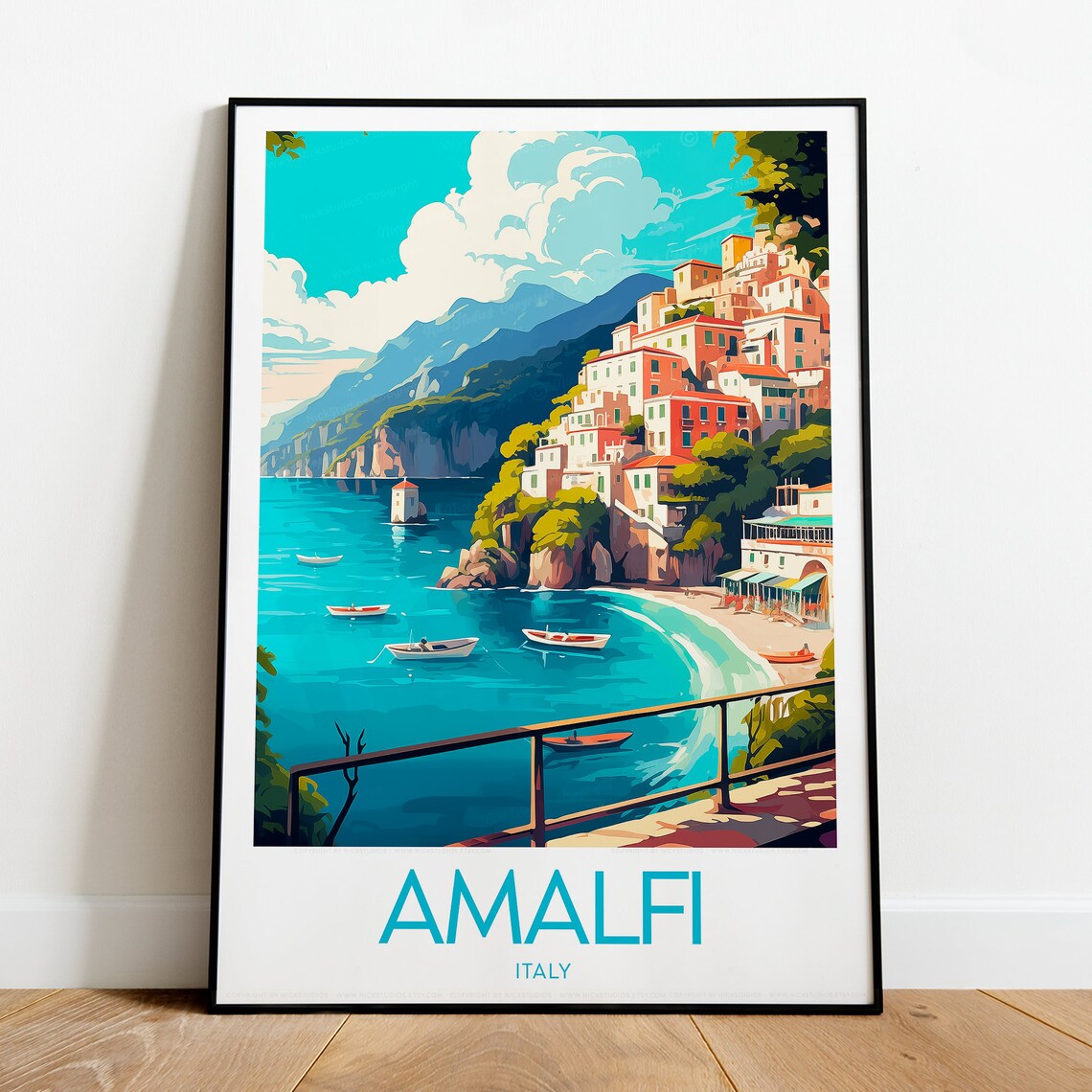 Amalfi Italy Cliffside Town Turquoise Bay Boats Travel Poster