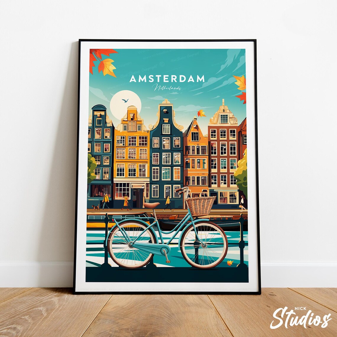 Amsterdam Canal Bicycle Gabled Houses Retro Netherlands Travel Poster