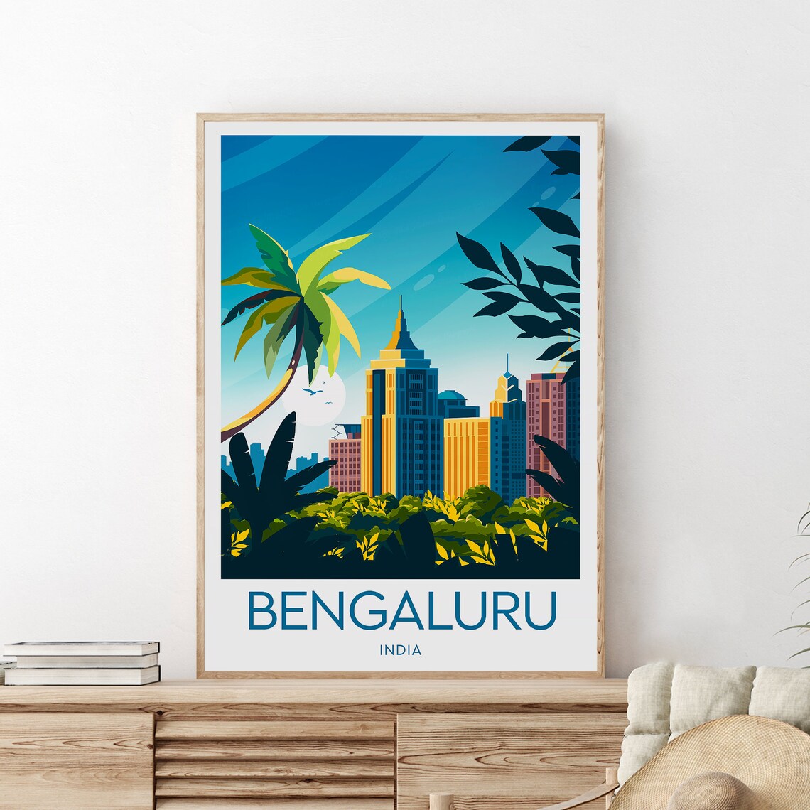 Bengaluru India City Skyline Palm Trees Modern Travel Poster