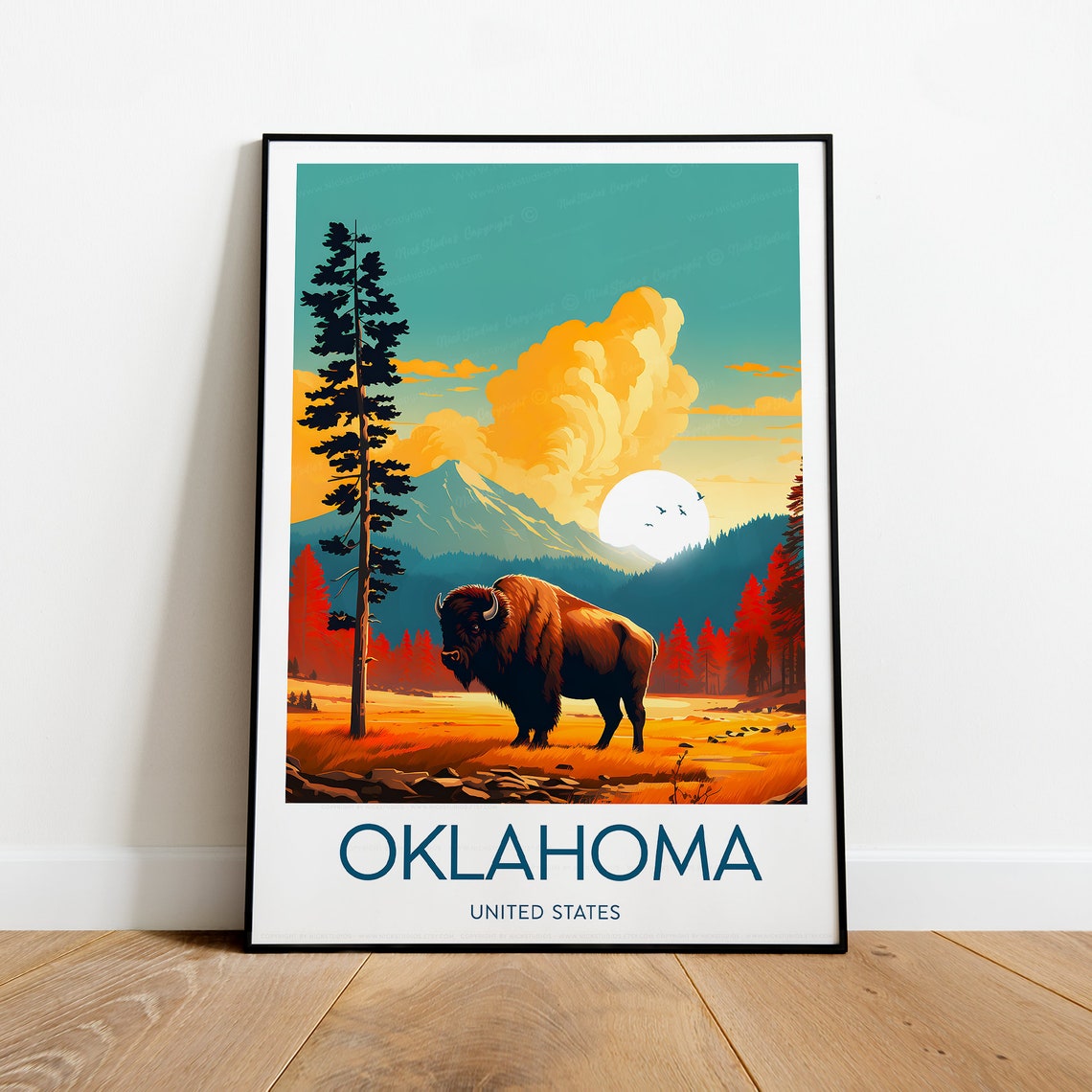 Oklahoma Bison on Golden Prairie at Glowing Sunset Travel Poster