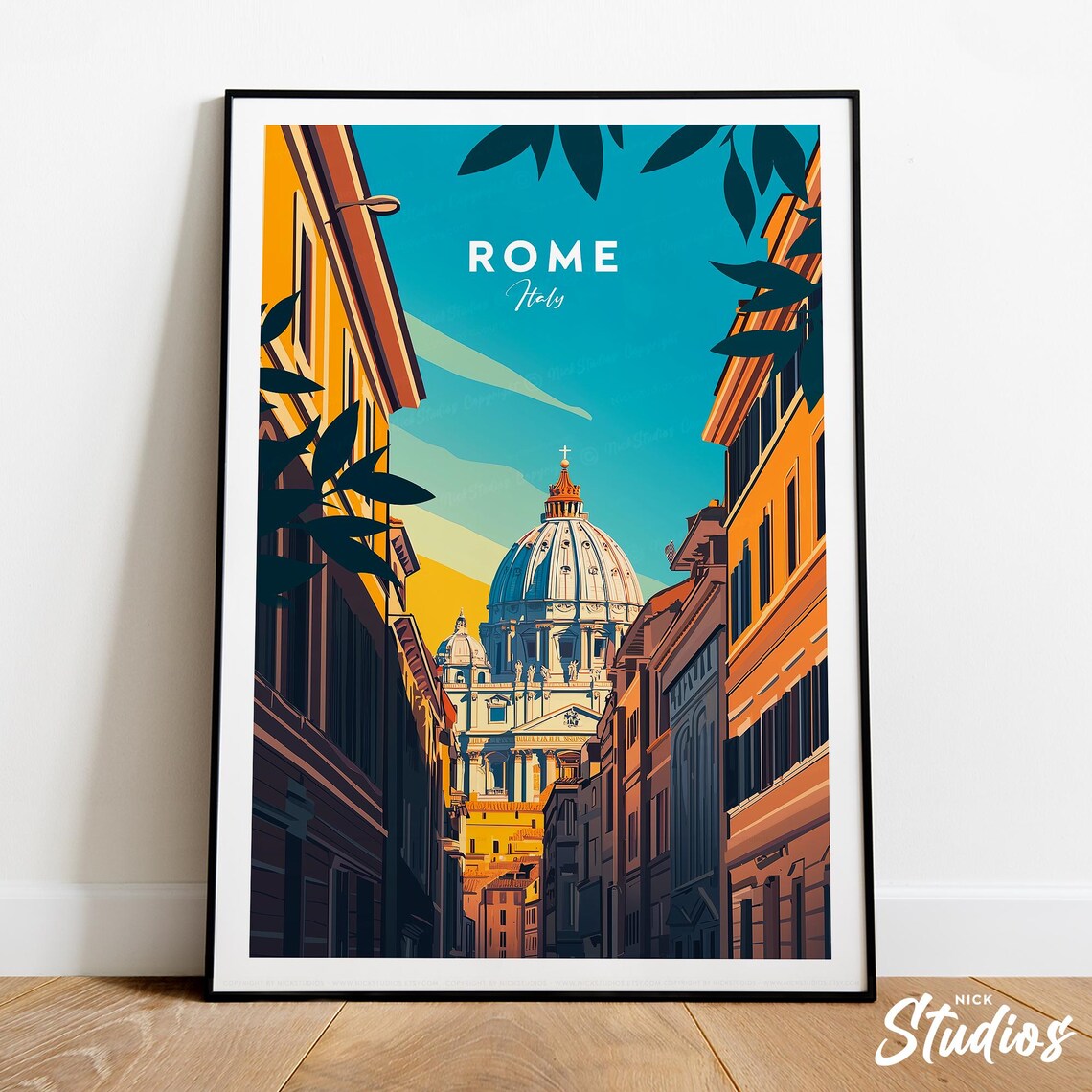 Rome Italy Vatican Dome Retro City Street Scene Travel Poster