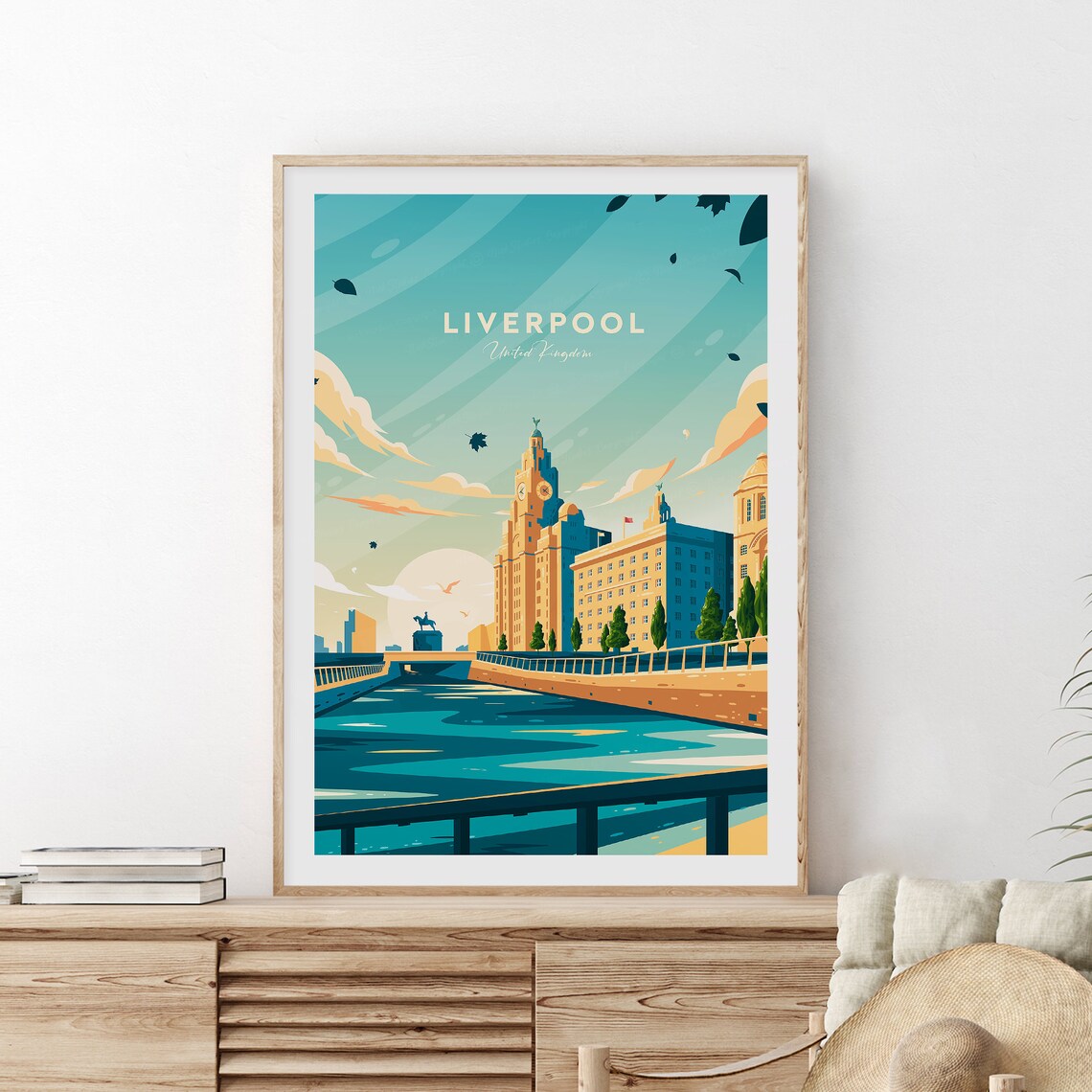Liverpool United Kingdom Waterfront Skyline Vintage Travel Poster
