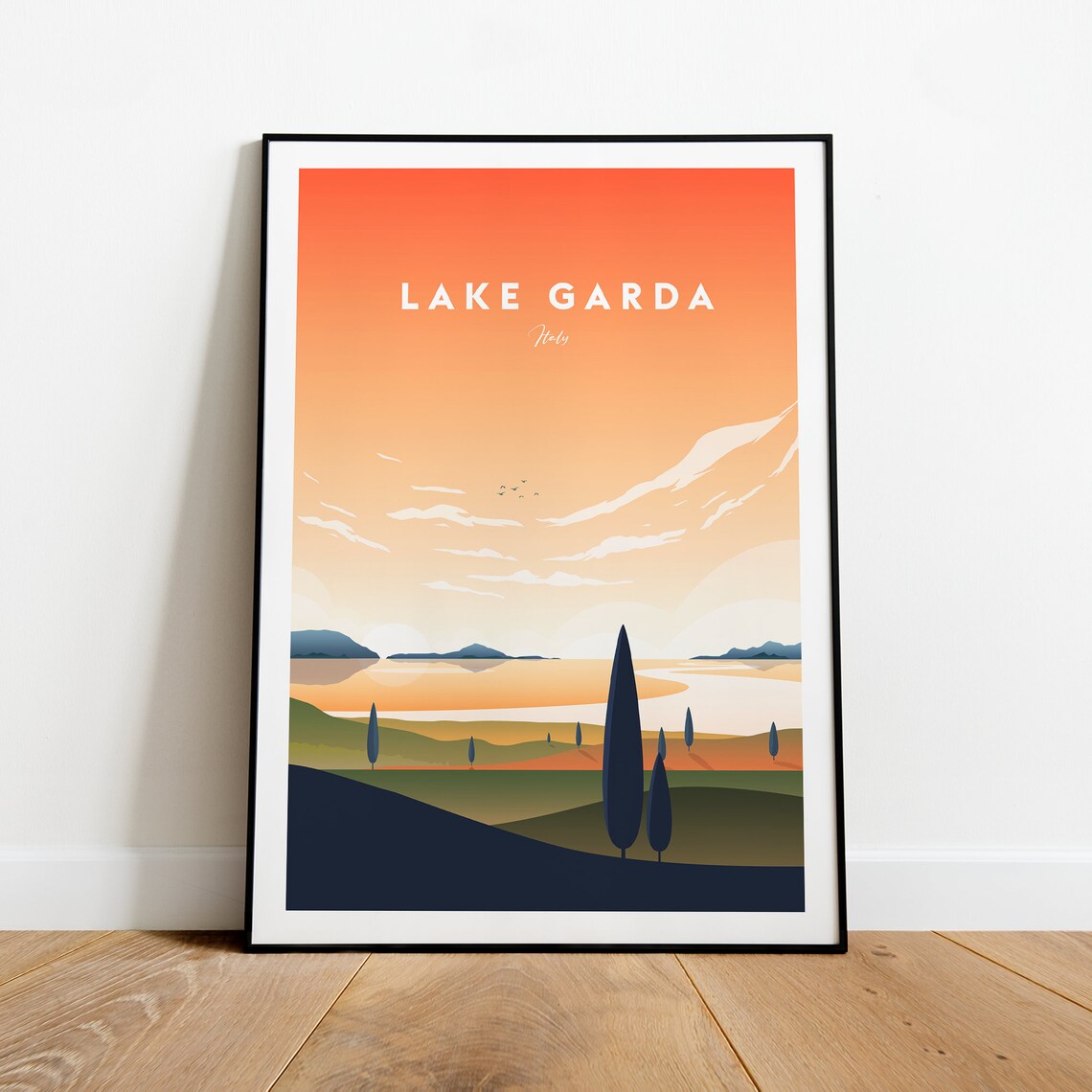 Lake Garda Italy Minimalist Sunset Cypress Hills Travel Art Poster