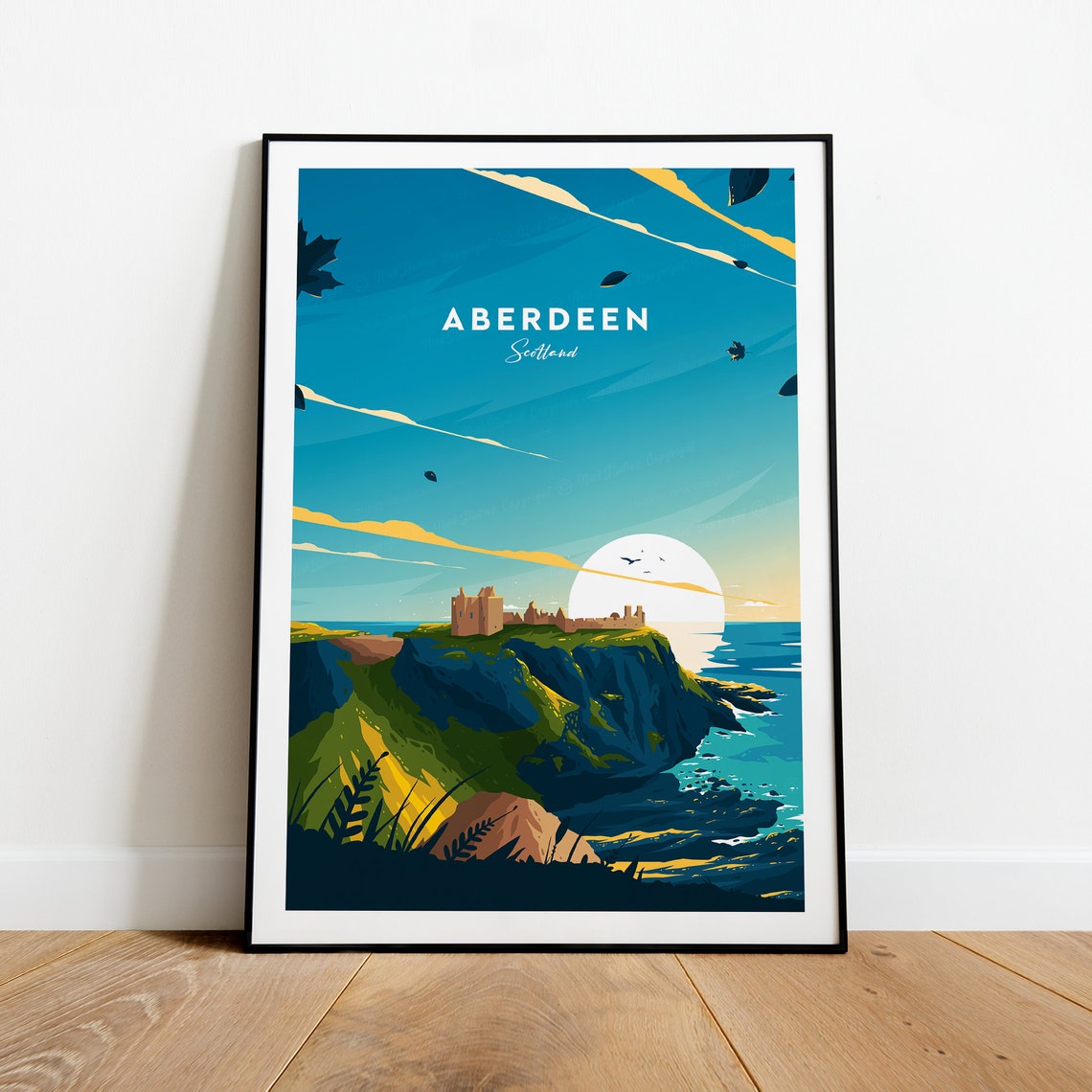 Aberdeen Scotland Coastal Castle Cliffs Moonrise Travel Poster