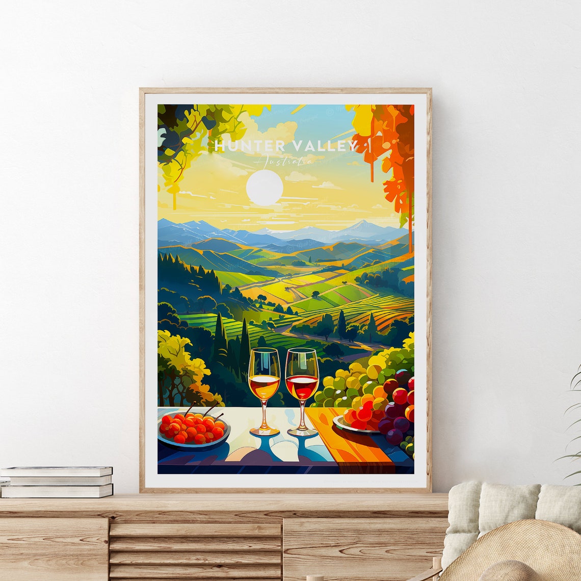Hunter Valley Vineyard Hills at Sunset with Wine Glasses Poster - Image 2