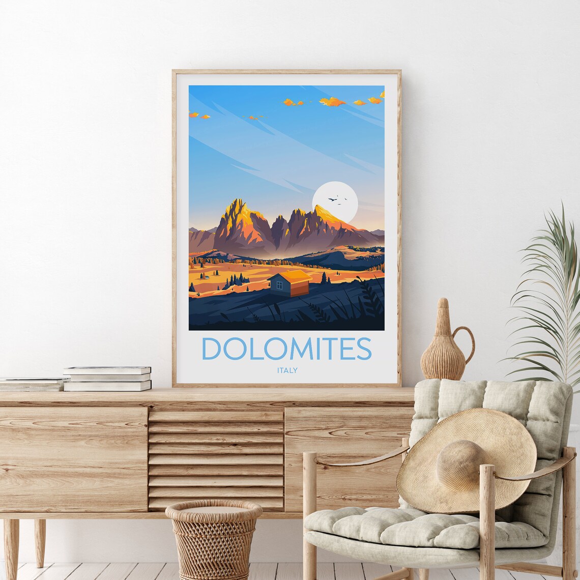 Dolomites Italy Alpine Mountain Peaks Sunset Cabin Travel Poster