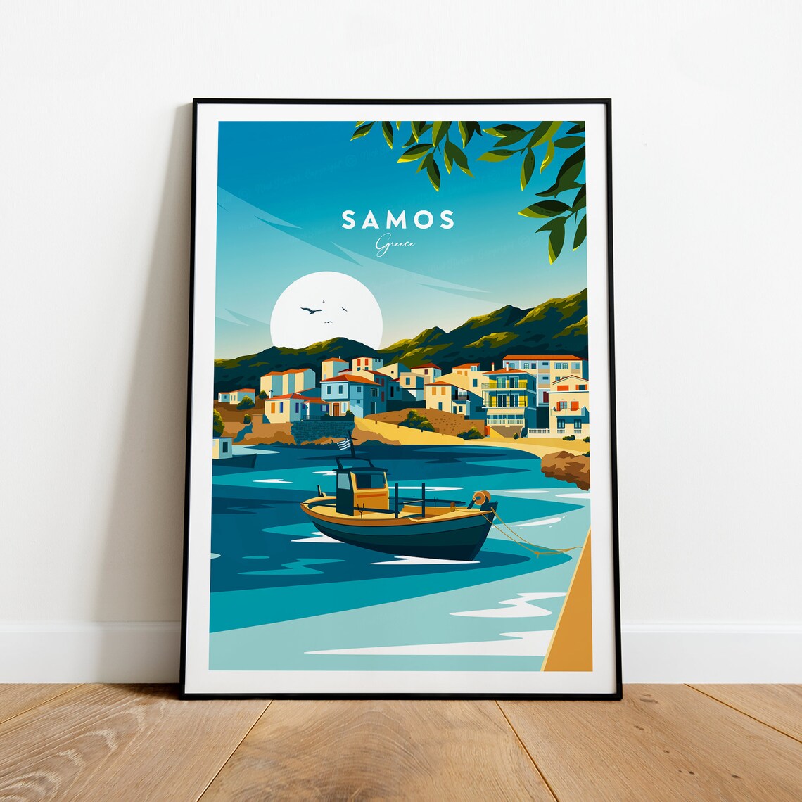 Samos Harbor Fishing Boat Greek Island Village Bay Greece Poster
