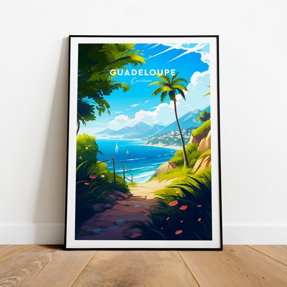 Guadeloupe Caribbean Tropical Bay Palm Trees Island View Travel Poster