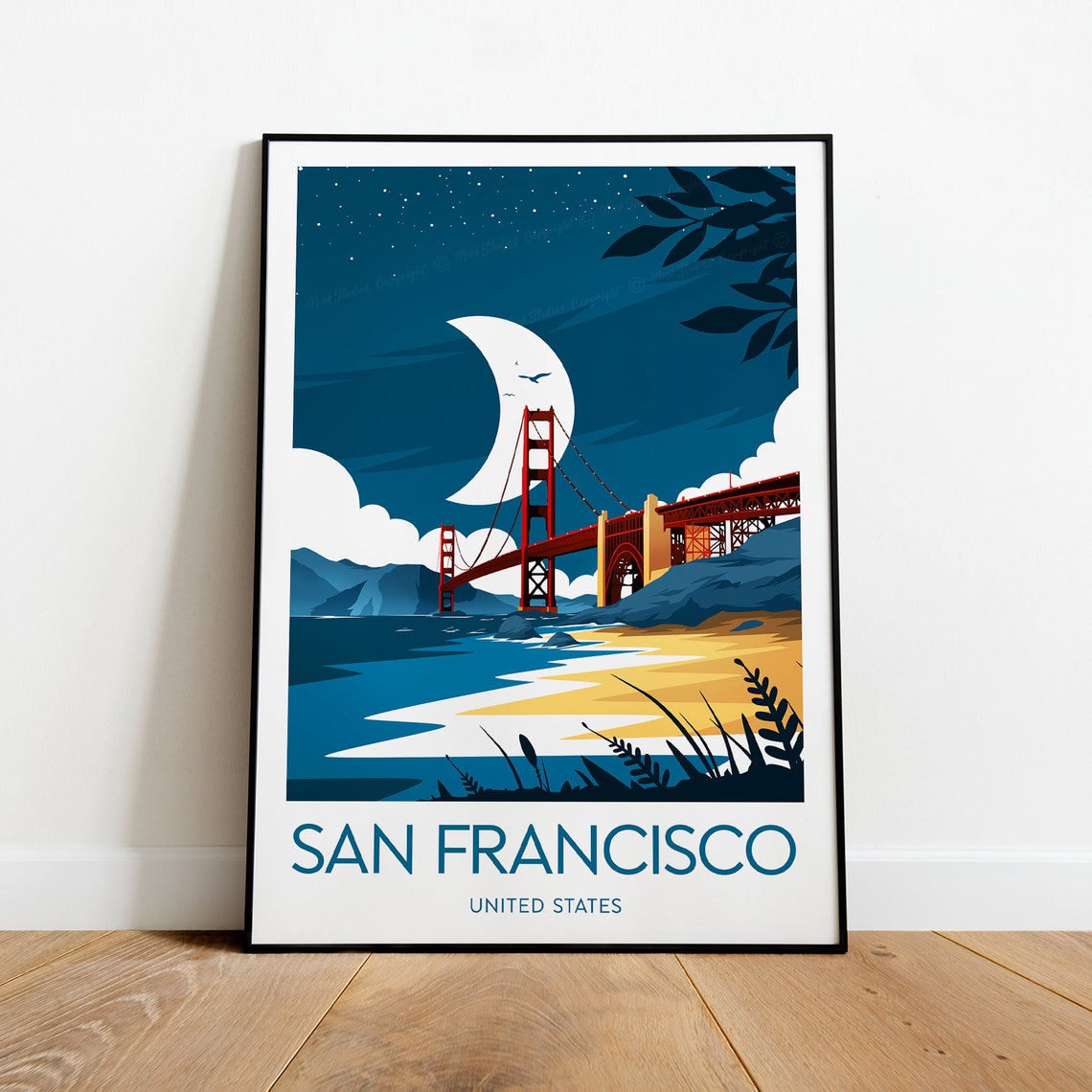 San Francisco Golden Gate Bridge Starry Moonlit Bay Travel Poster