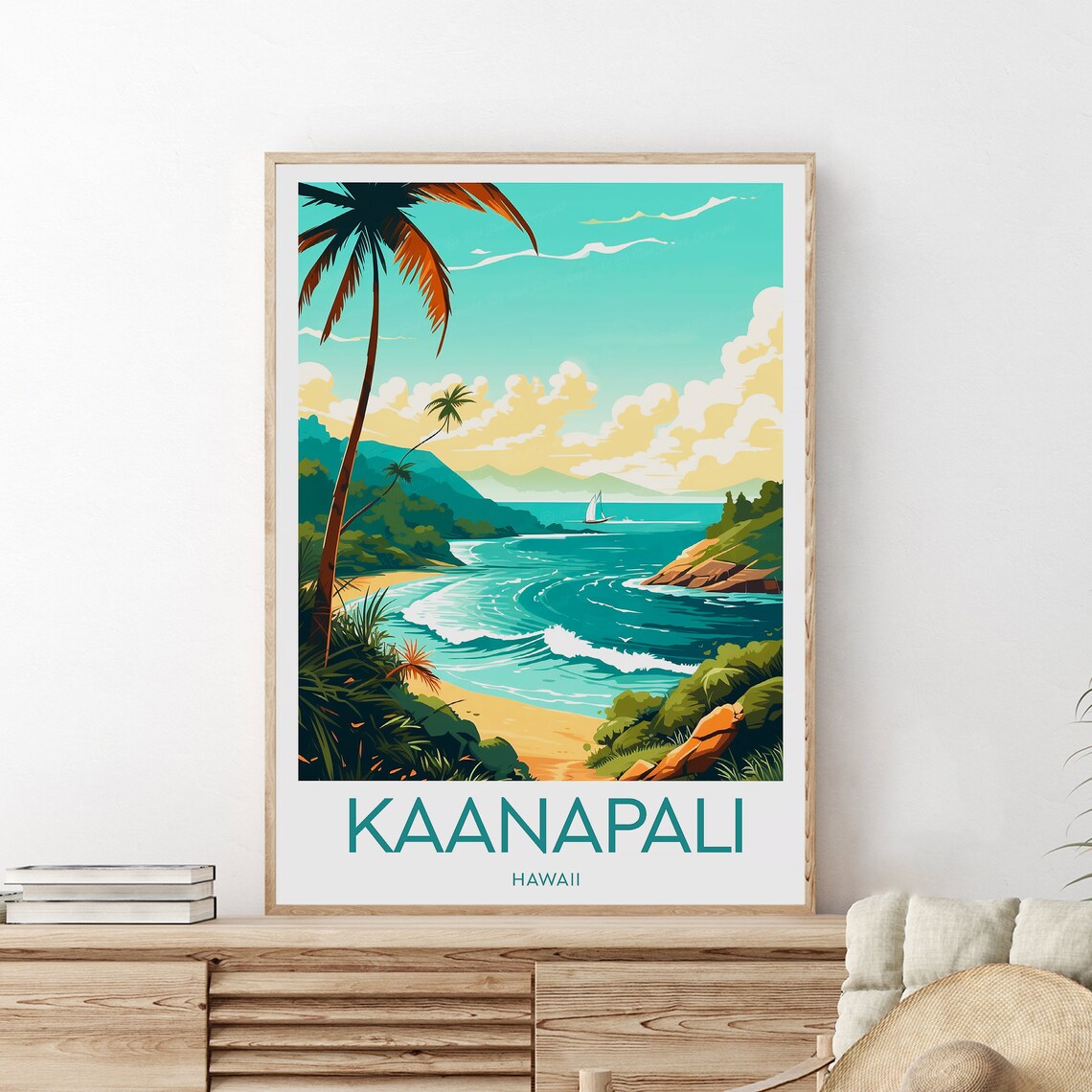 Kaanapali Hawaii Palm Beach Cove Sailboat Tropical Travel Poster