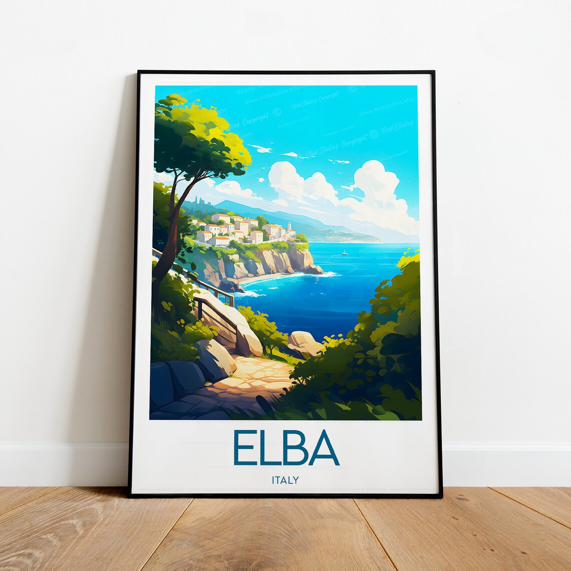 Elba Italy Cliffside Village Sunny Mediterranean Coast Travel Poster - Image 2