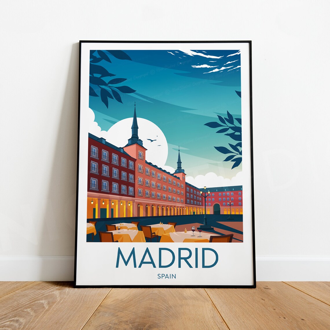 Madrid Spain Plaza Mayor Evening Dining Vintage Travel Poster