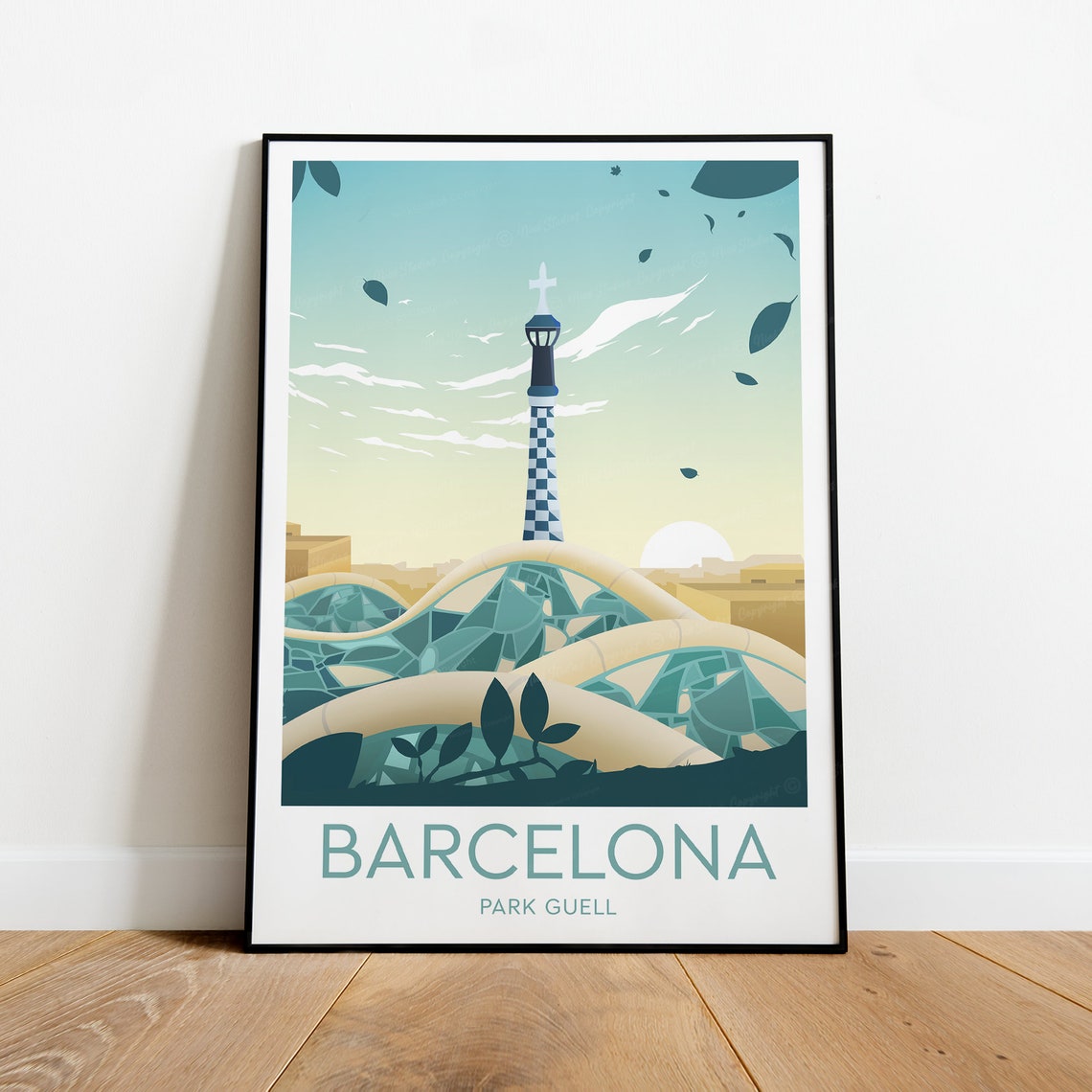 Barcelona Spain Park Guell Gaudi Tower Mosaic Vintage Travel Poster - Image 2