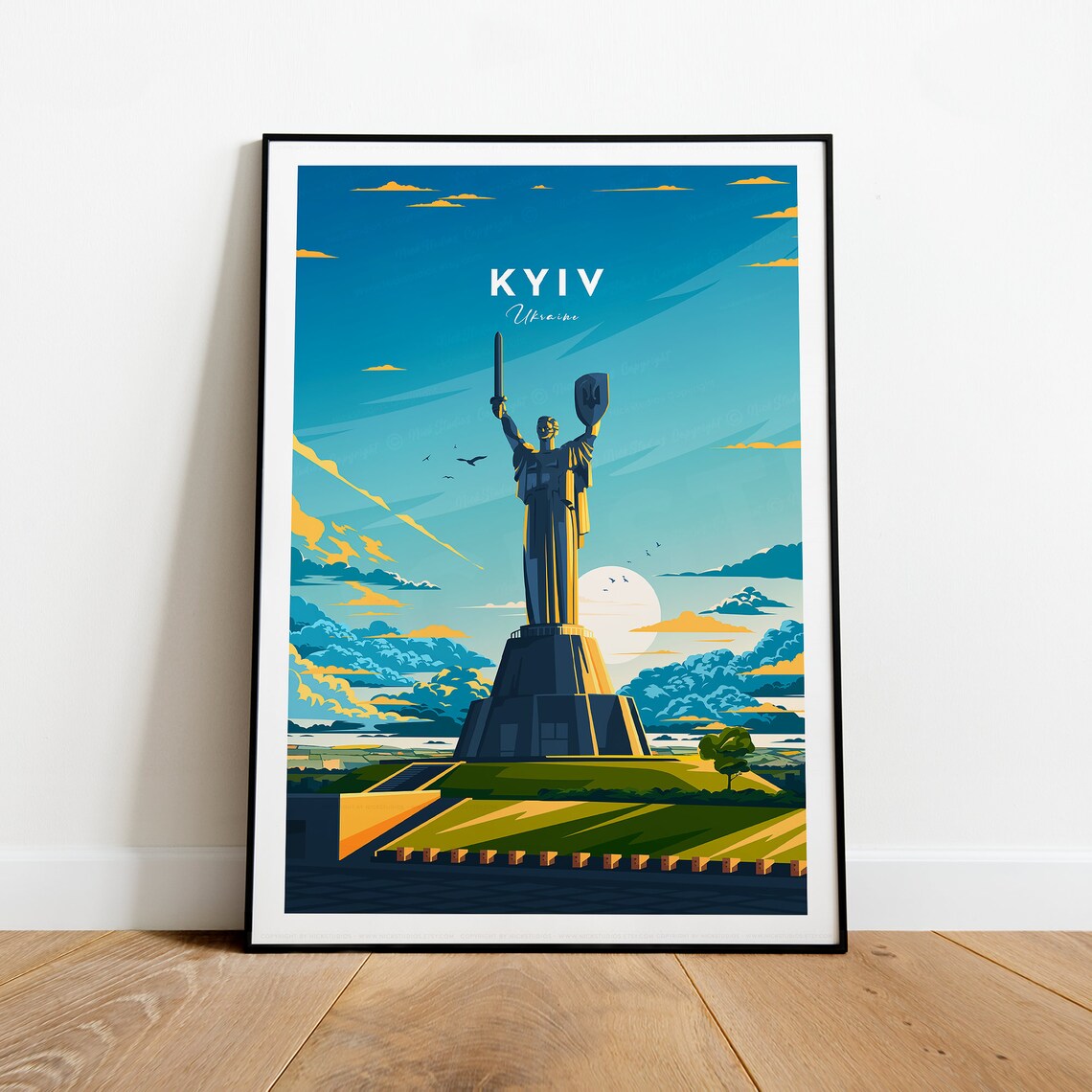 Kyiv Ukraine Motherland Monument Golden Sunset Travel Poster