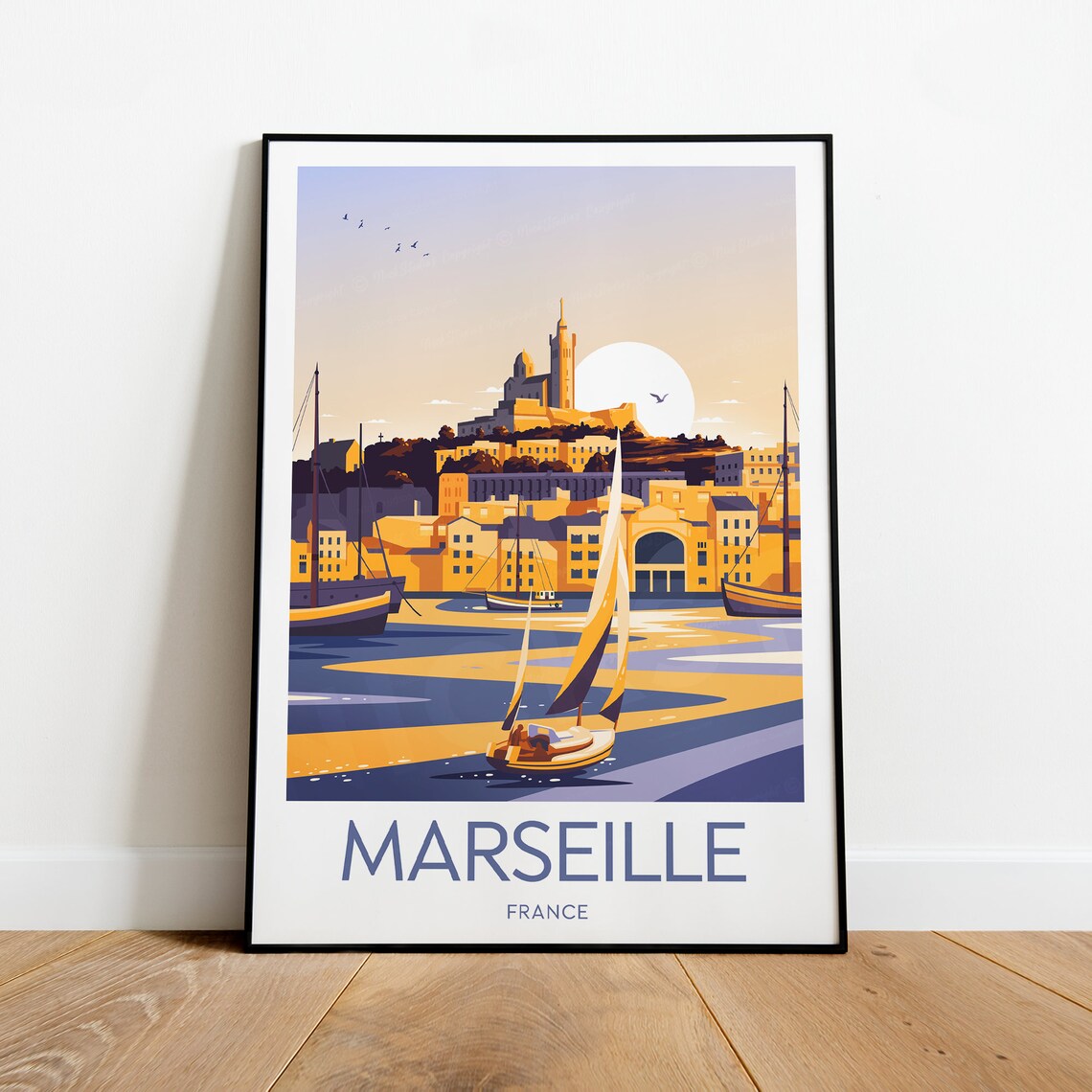 Marseille France Old Port With Sailboat at Golden Sunset Travel Poster