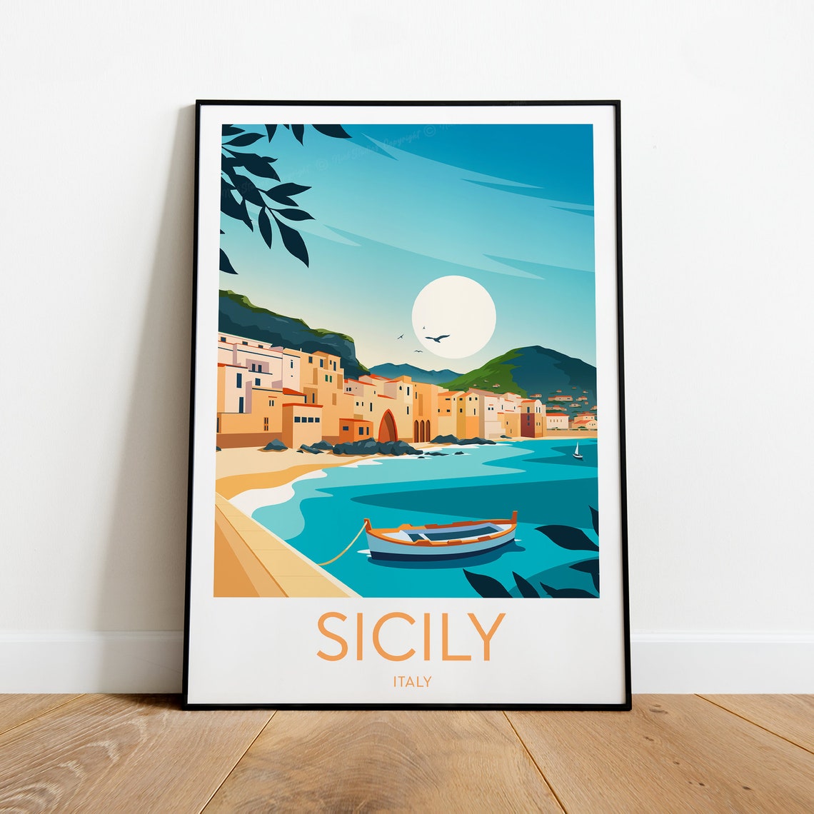 Sicily Italy Coastal Town Harbor Fishing Boat Sunset Travel Poster - Image 2