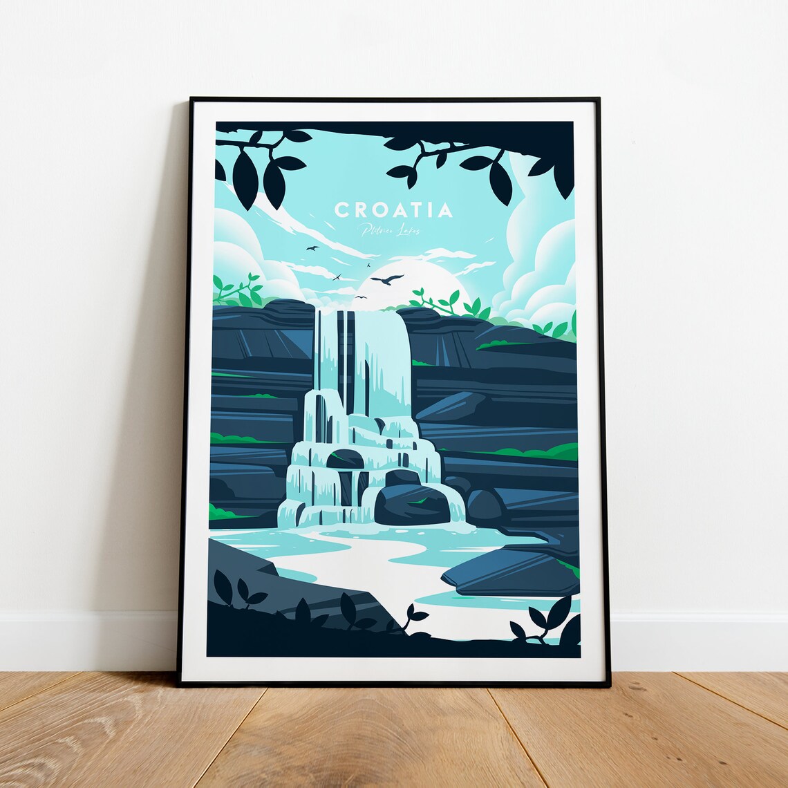 Plitvice Lakes Croatia Waterfall Vintage National Park Travel Poster
