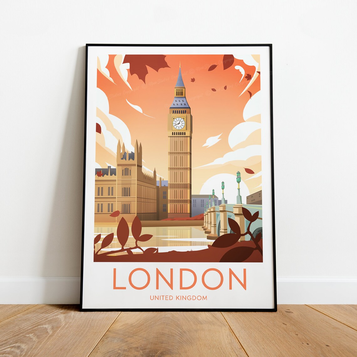 London Big Ben at Autumn Sunset by the Thames England Poster