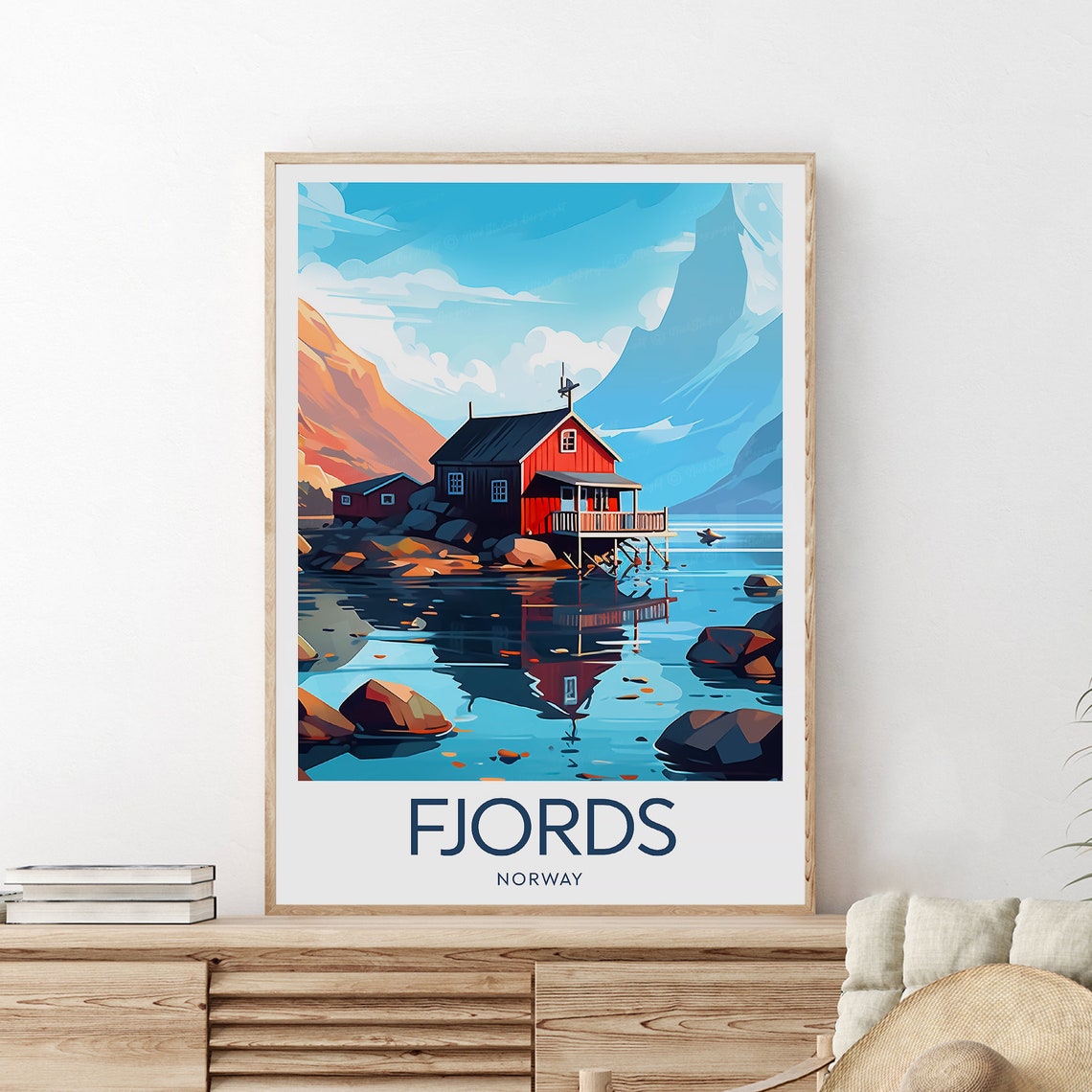 Norway Fjords Red Cabin on Still Water Mountains Travel Poster