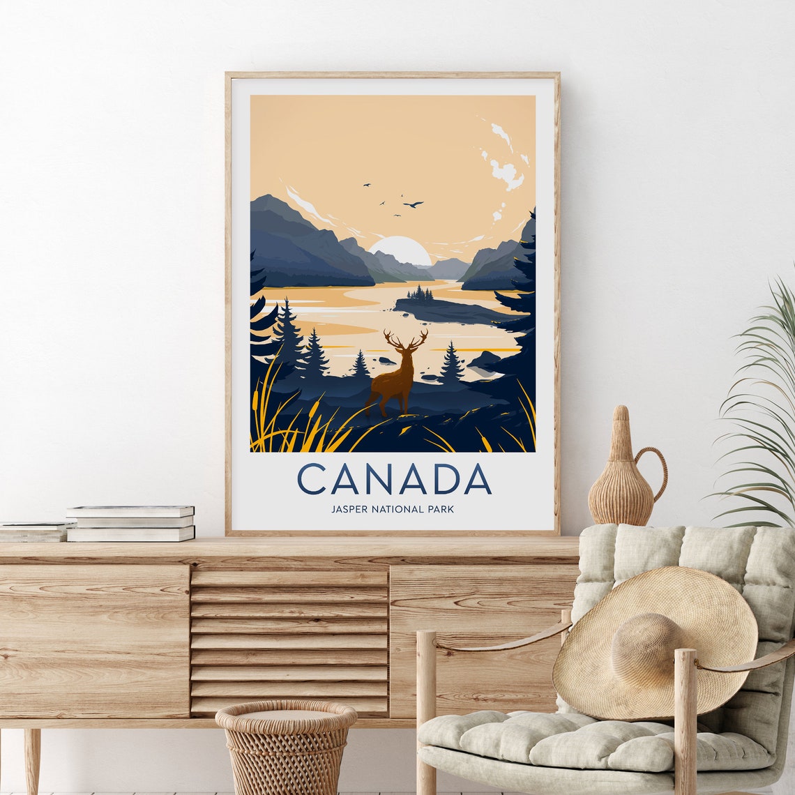 Jasper National Park Canada Elk Sunset Mountain Lake Travel Poster
