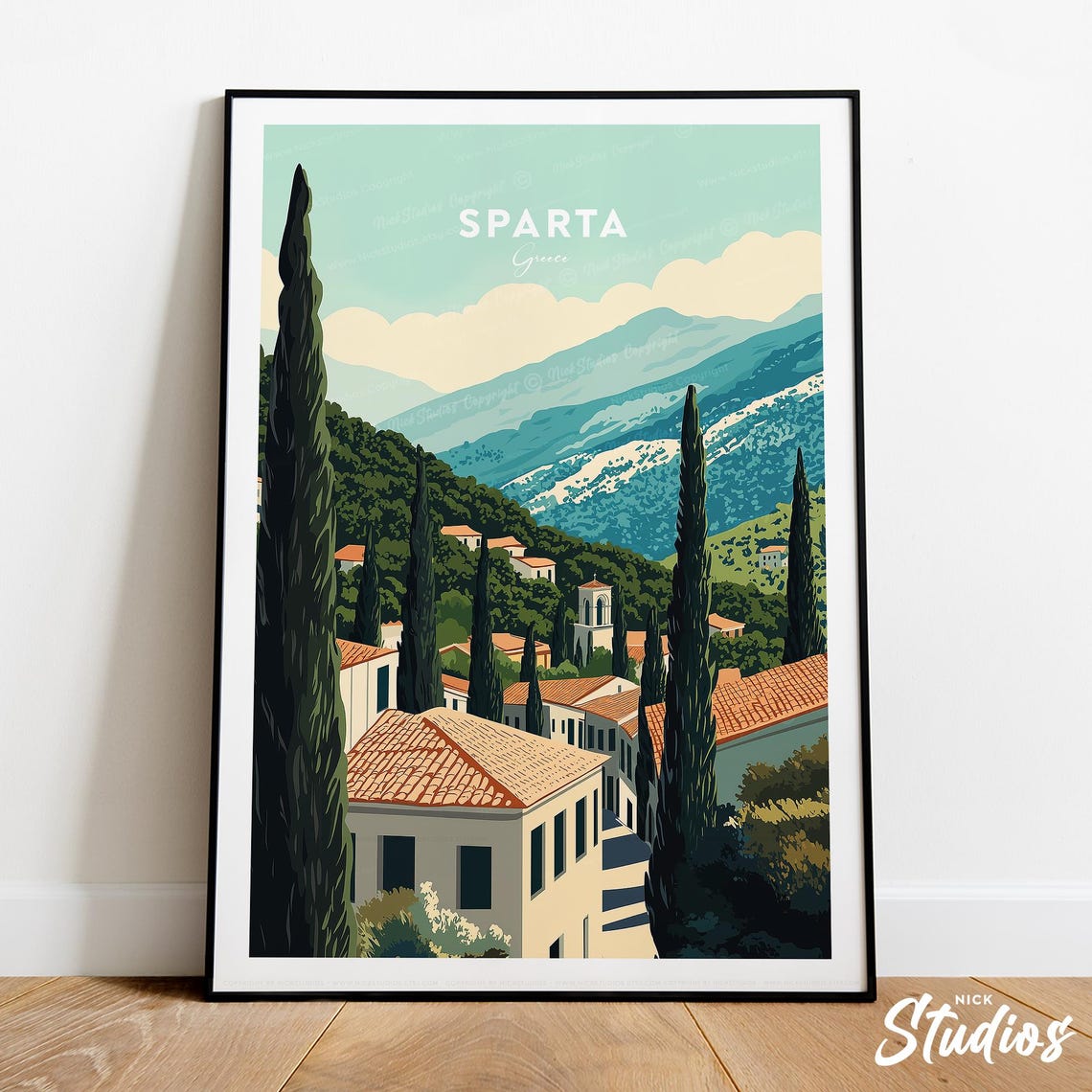 Sparta Greece Hillside Village Cypress Trees Retro Travel Poster