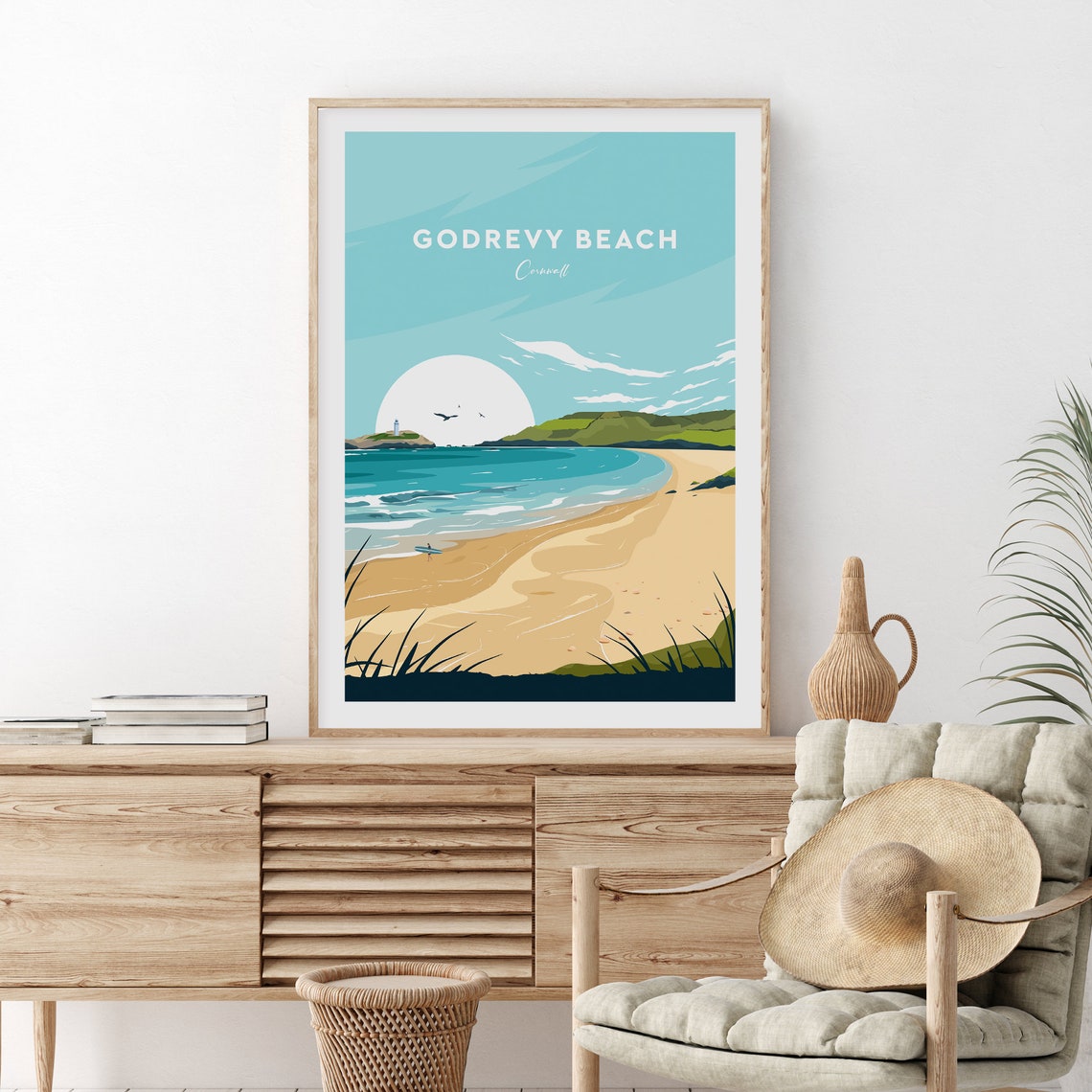 Godrevy Beach Cornwall Golden Bay With Lighthouse in Sun Poster