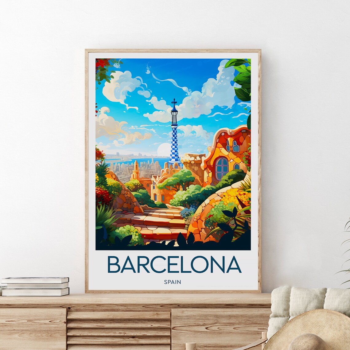 Barcelona Spain Park Guell Mosaic Terrace Gaudi Travel Poster